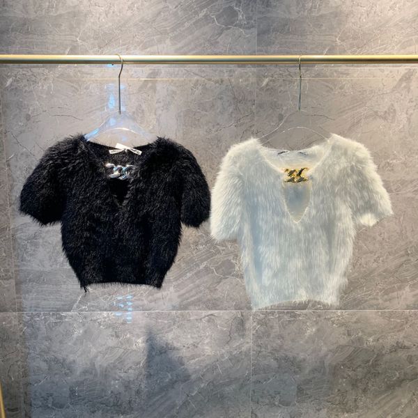

1022 autumn new gold chain plush v-neck short sleeve high waist 1022 autumn new sweater sweatergold chain plush v-neck short sleeve high wai, White;black