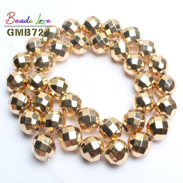 

natural stone bead faceted golds plated color hematite round beads for jewelry making 2/3/4/6/8/10mm handmade diy bracelet 15'' bb