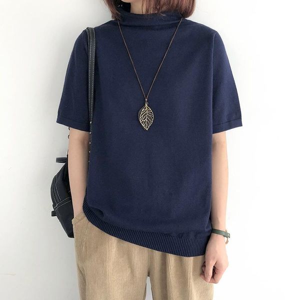 

women's t-shirt women knit t shirt turtleneck pullovers thin autumn 2021 loose half-sleeve fashion casual vintage blouse, White