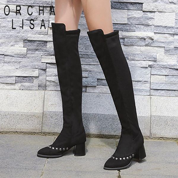 

orcha lisa rivet bling boots high heels slip-on over the knee boots women shoes pointed toe black cool botas mujer c704