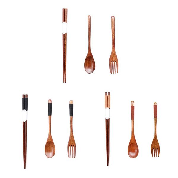 

3pcs kitchen chopsticks fork coffee stirring spoon set wooden tableware set stainless steel black cutlery fork tableware