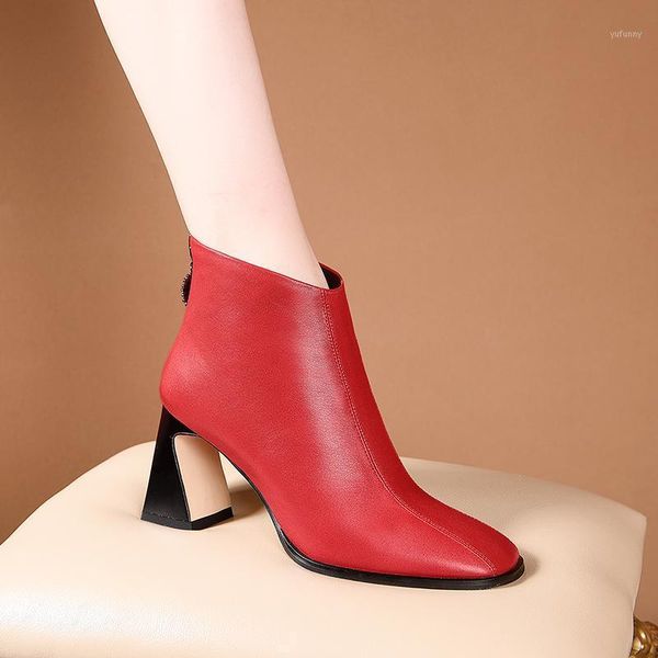 

boots genuine leather winter women 2021 autumn back zipper square toe thick high heels shoes woman working ankle boots1, Black