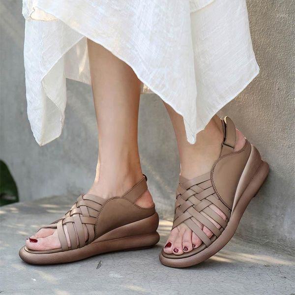 

sandals yourseason genuine leather women wedges retro summer hook & loop ladies casual concise platform shoes 2021 1, Black