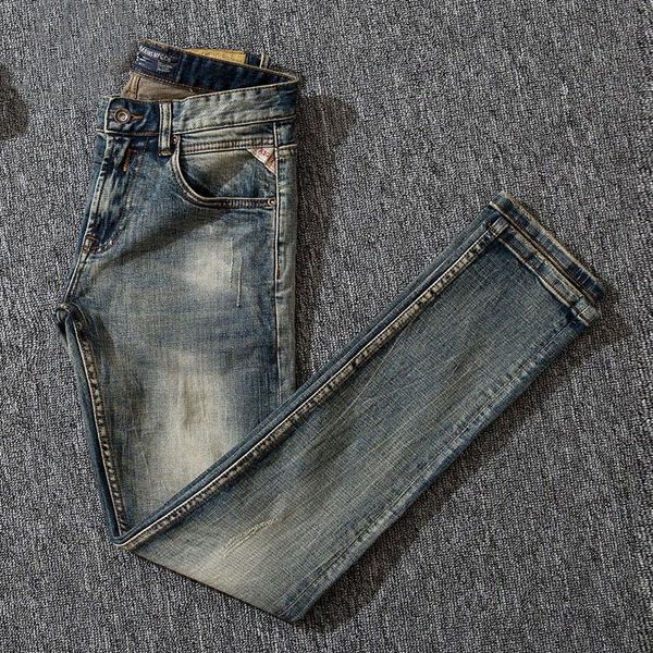 

italian vintage fashion men jeans retro washed slim fit elastic classical jeans men hip hop designer homme, Blue