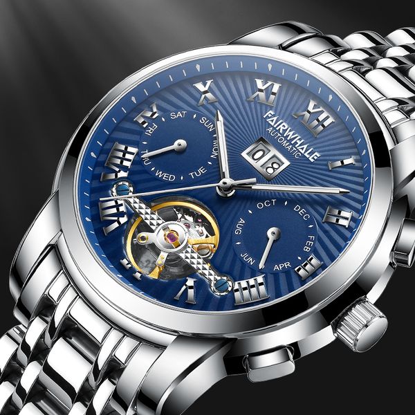 

men brand luxury stainless steel business wristwatch automatic mechanical waterproof watch male alarm