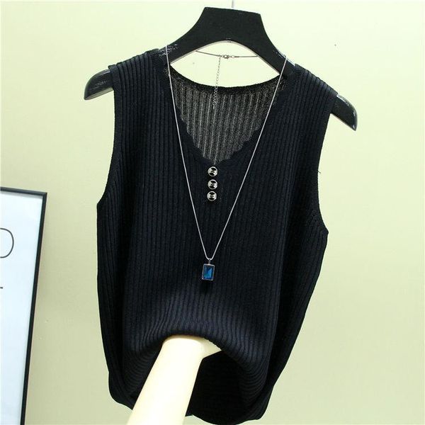 

плюс размер ледяной шелковый вязаный свитер жилет женщины были тонкие эластичные сплошные цвета v шеи кнопка декоративный свитер женский вес, White;black