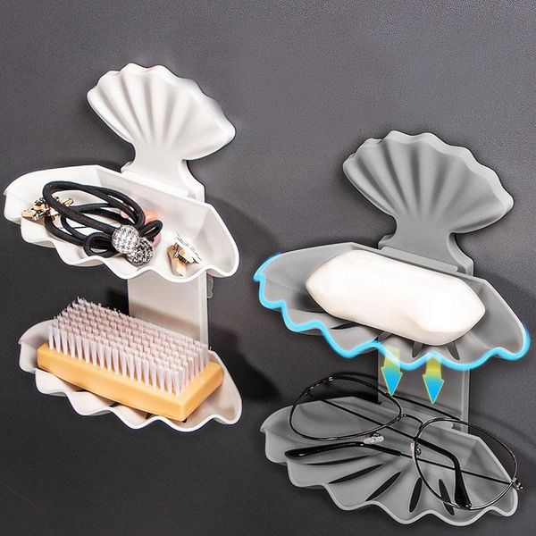 

soap holder double layer drain soap box bathroom storage box suction cup paste tray plastic container shell shape no punching