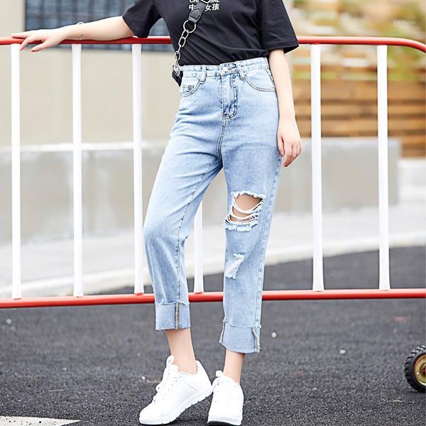 

2018 women straight denim pants spring autumn korean fashion casual loose loose ripped hole fringe straight jeans pants kz71461, Blue