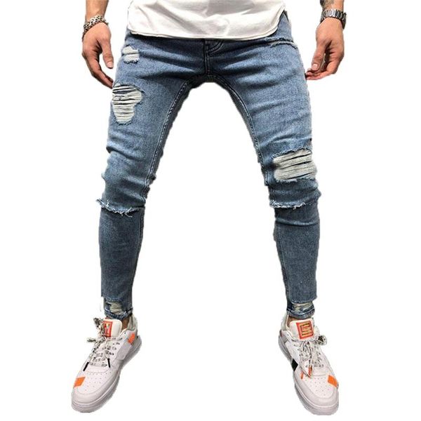 

jeans men hole sknny denim pants casual jogger men clothing jeans male long pants trousers pencil, Blue