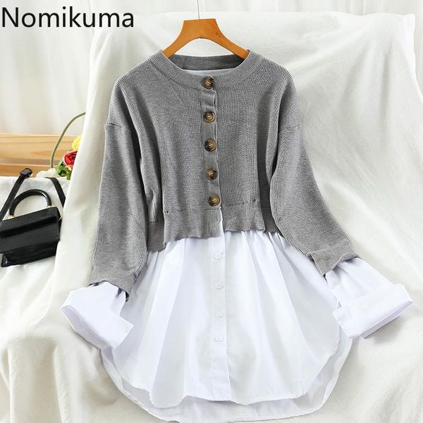 

nomikuma irregular blouse patchwork knit cardigan 2020 autumn long sleeve sweater coat korean fake 2piece knitwear jacket 6c8421, White