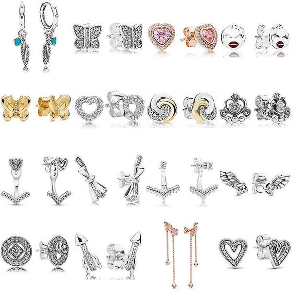 

new 925 sterling silver popular earring interlinked circles spiritual feathers and heart for women jewelry gift, Golden