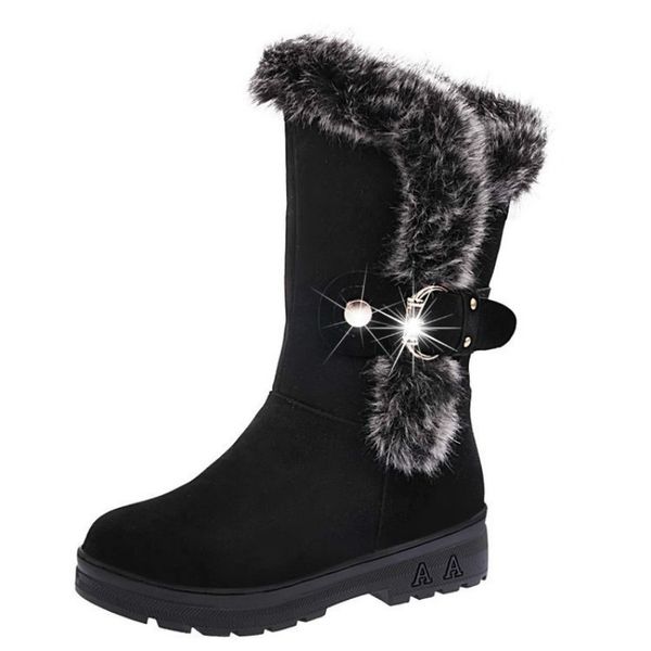 

swonco high fur winter shoes woman mid calf high snow boots warm 2020 female buckle winter boots for woman casual shoes, Black
