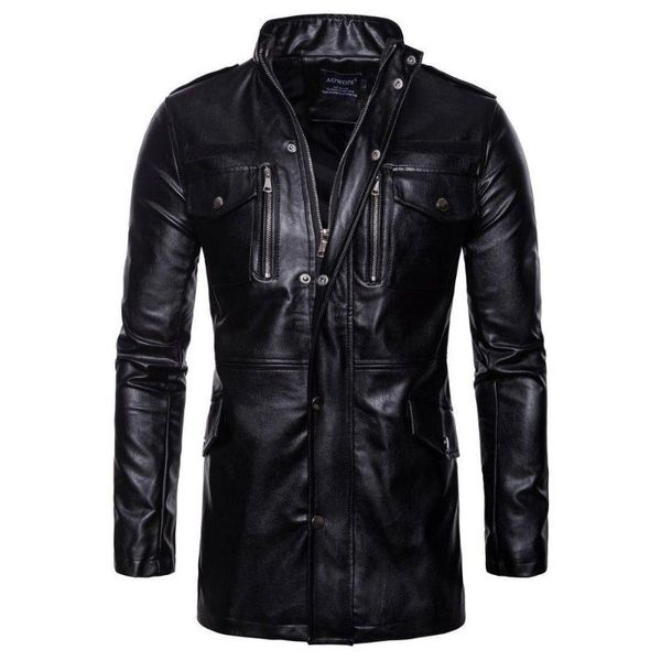 

men's fur & faux spring and autumn mid-length leather stand-up collar four-pocket motorcycle jacket, Black
