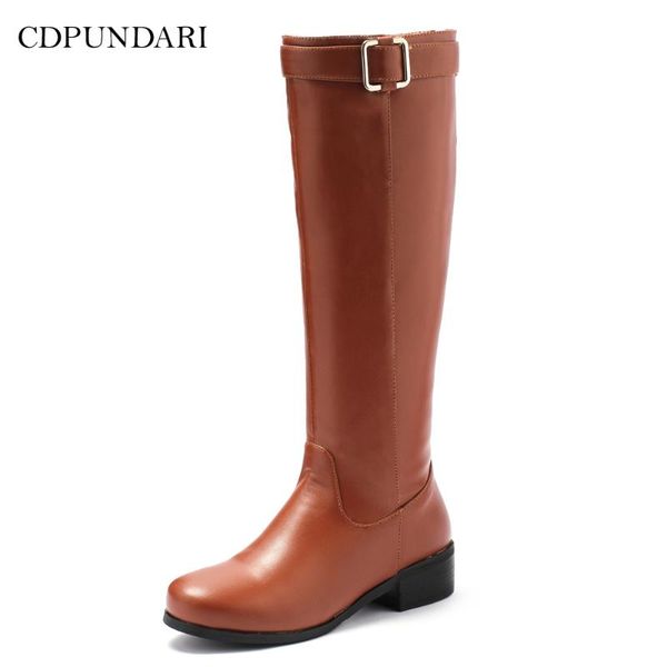

boots cdpundari big size low heels calf women motorcycle ladies autumn winter long shoes woman, Black