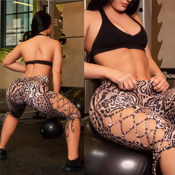

leopard print pants cross strap design hollow out women summer high waist knee length pants famale workout trousers streetwear, Black;white