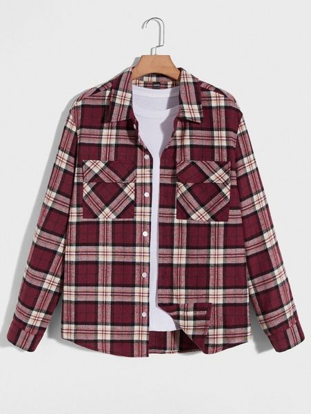 

men plaid print flap pocket shirt without p2yt#, White;black