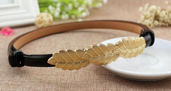 

пояс классический дизайн женский минималистский thin женские adjust женщина мода черный яркие кожаные ремни gold leaf пряжка большой листья, Black;brown