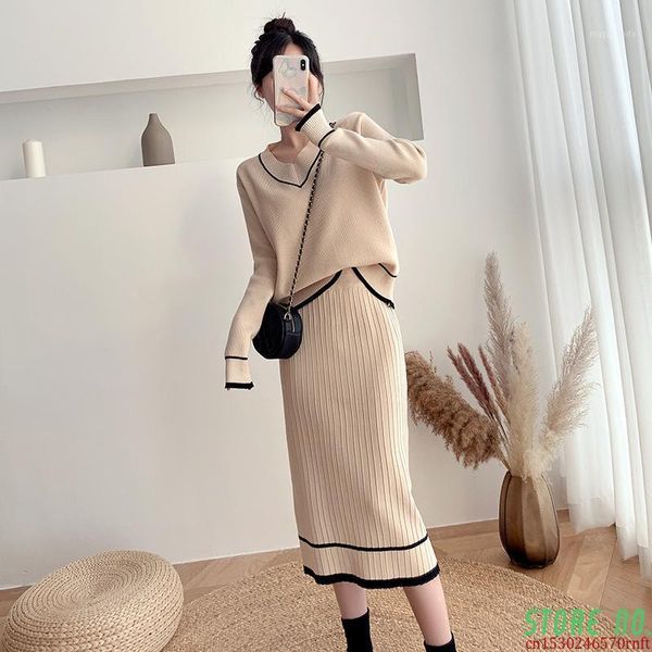 

autumn winter two piece set women hit color knit sport suits women v-neck sweater + high waist long skirt suit outfits1, Gray