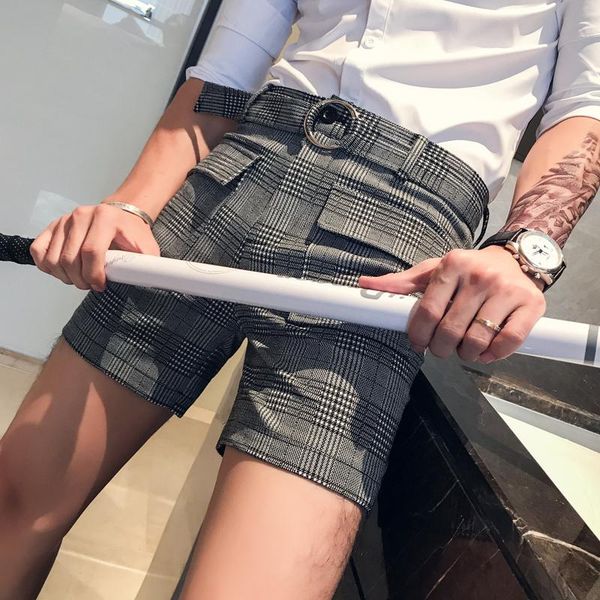 

casual lattice mens shorts slim fit streetwear plaid short hombre short masculino summer clothing 3xl-m fashion belt shorts men, White;black