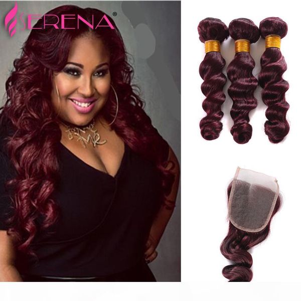

selling hair bundles with lace closure human burgundy 99j loose wave hair bundles with lace closure brazilian human hair extensions, Black;brown