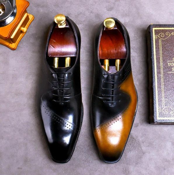 

British Mixed Colors Genuine Leather Men's Carved Wedding Oxfords Square Toe Laces Man Formal Dress Party Brogues Shoes FWL148, Black
