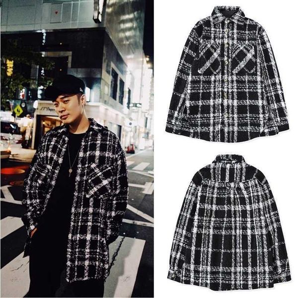 

men's casual shirts high street hip hop ins star same wool black--white plaid men's women's knitted shirt and coat, White;black