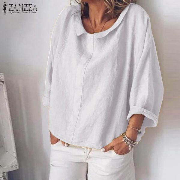 

elegant summer women's tunic 2020 zanzea vintage linen blouse female lapel work blusas woman long sleeve shirts chemise 5xl, White