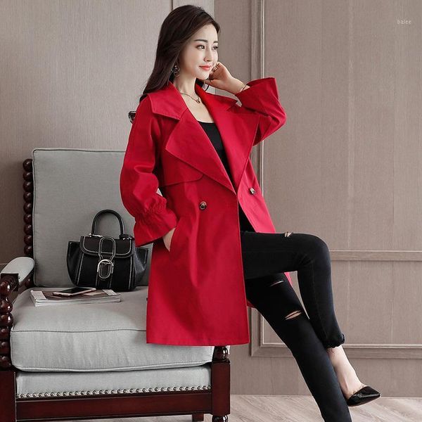 

2020 autumn women's windbreaker casual wild fashion long trench coat women's new solid color belt slim trench coat1, Tan;black
