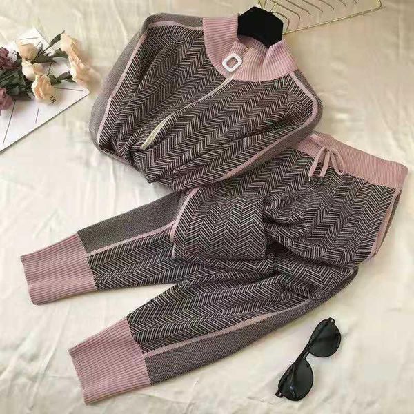 

women's new autumn winter knit set fashion pattern striped long sleeve knit cardigan tracksuit suit women casual two piece set, Gray