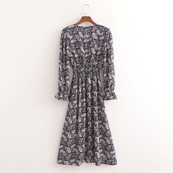 

2021 new womens neck ruffles mid-calf dress full sleeve a line floral print high street clothing spring summer h6ht, Black;gray