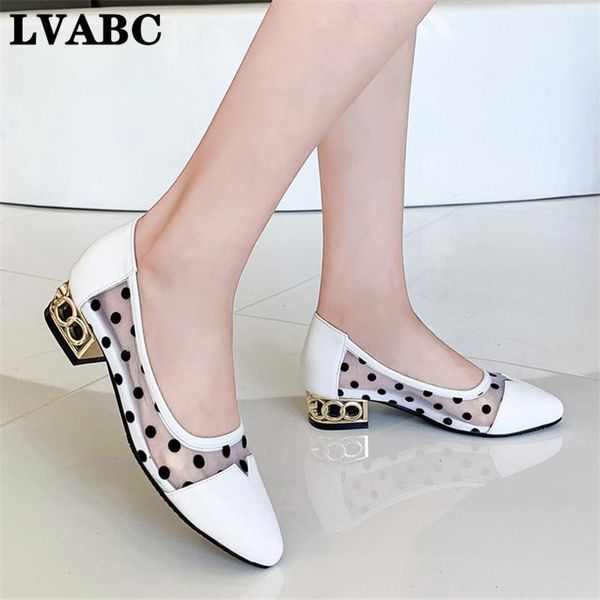 

dress shoes woman office party summer casual fashion polka dot pointed toe med heels hoof mesh size 35-40, Black