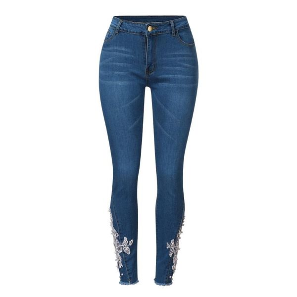 

2021 new fashional casual ladylike women's embroidery pearl applique pockets high-waisted slim skinny pencil jeans long trousers, Blue