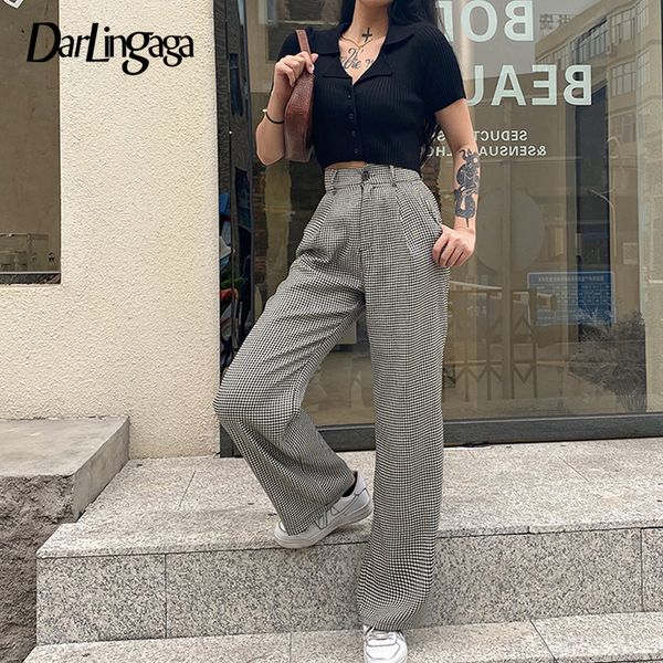 Darlingaga Mode Vintage Hahnentritt Plaid Hosen Frauen Gerade Elegante Damen Hosen Lose Hohe Taille Hosen Jogginghose 2020 T200422