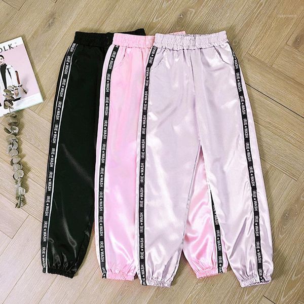 

puimentiua women summer big pocket satin highlight harem pants women glossy ribbon trousers harajuku joggers women's loose pants1, Black;white