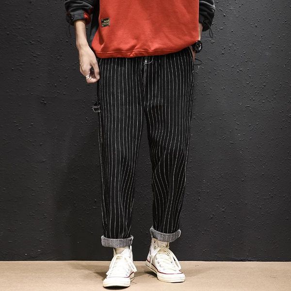 

men's jeans nice japanese autumn korean version of the large size loose vertical striped tooling casual, Blue