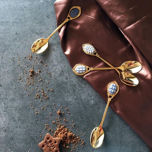 

spoons stainless steel spoon inlay ceramic handle ice cream coffee teaspoon vintage gold plating dessert cake scoop tableware