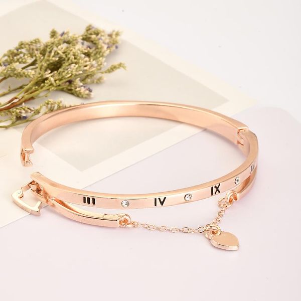 

stainless steel roman numeral bracelets jewelry for women rose gold color bangles female heart forever love charm bracelet 6cm, Black
