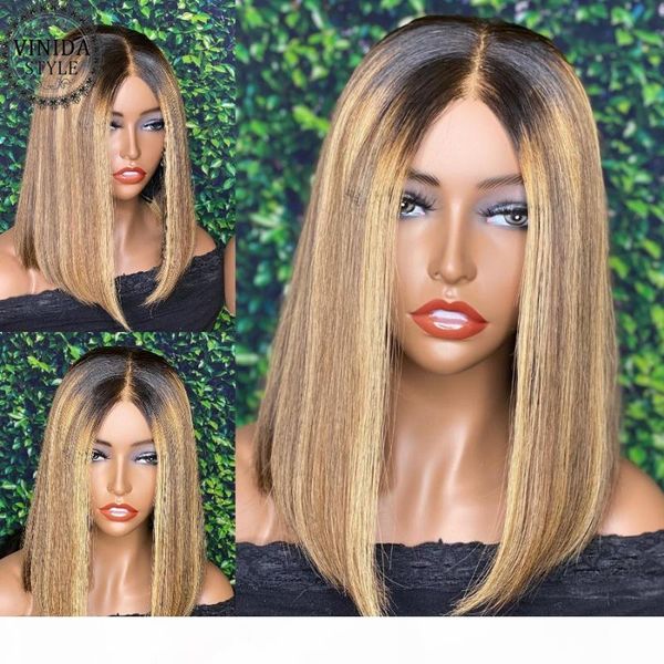 

vinida style highlight bob t-part lace front human hair wigs scalp closure wigs 130% density with baby hair non-remy, Black;brown