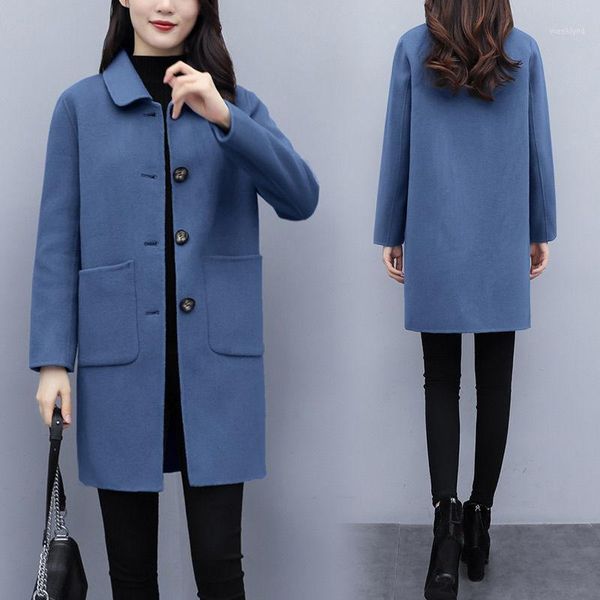 

casual women wool coat 2020 winter fashion new korean mid-long full sleeve women's coats1, Black