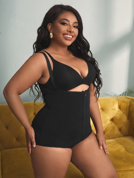 

plus cut-out zipper front shapewear 565n#, Black;white