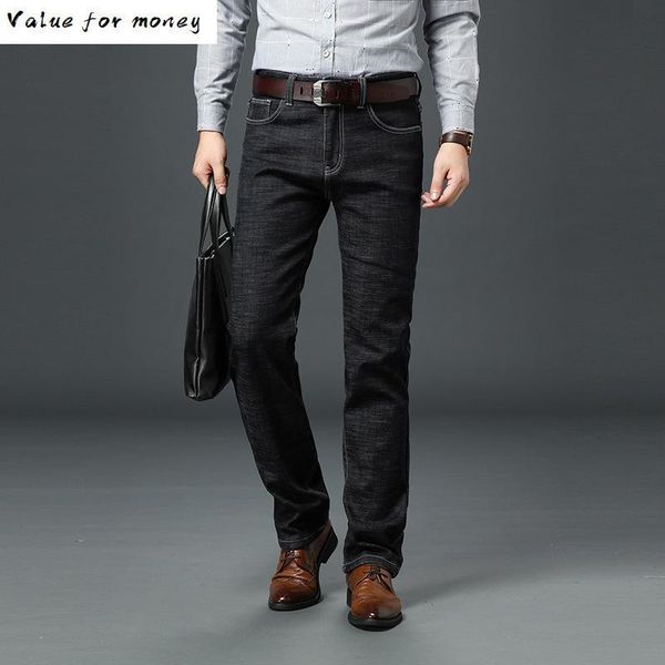 

jeans high men stretch black blue slim straight denim business pants men's, cotton and spandex plus size 42 kg-698
