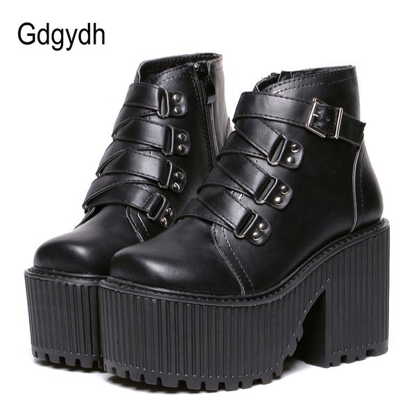

gdgydh leather round toe high heel boots women shoes buckle rubber sole black platform shoes autumn ankle boots punk shoes cool y200723