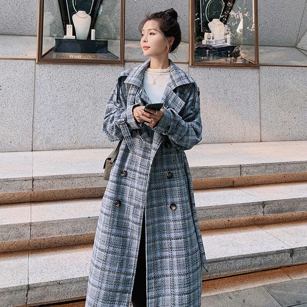

2021 new women's plaid wool coat long new winter loose double thick rabbit skin breasted lapela retro temperament jacket 6x scxr, Black