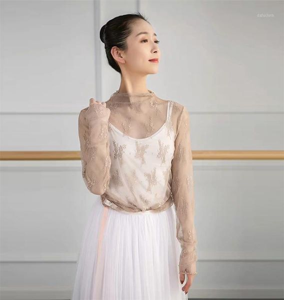 

elastic flower embroidery lace long sleeve ballet practice leotard t shirt see through dance adults ballerina tee shirts1, Black;red