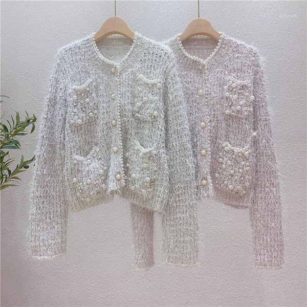 

fashion cardigan sweater women's autumn winter new heavy industry beads diamond loose sweaters coat female knit cardigans jacket1, White