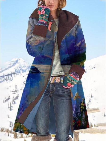 

winter coat women wool blends jacket long streetwear outwear casual women clothing hooded printed jacket coat top, Black