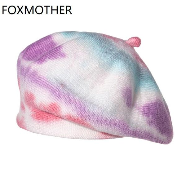 

berets foxmother autumn winter warm knitted caps sombrero women gorros mujer multicolor tie dye beret hat lady, Blue;gray