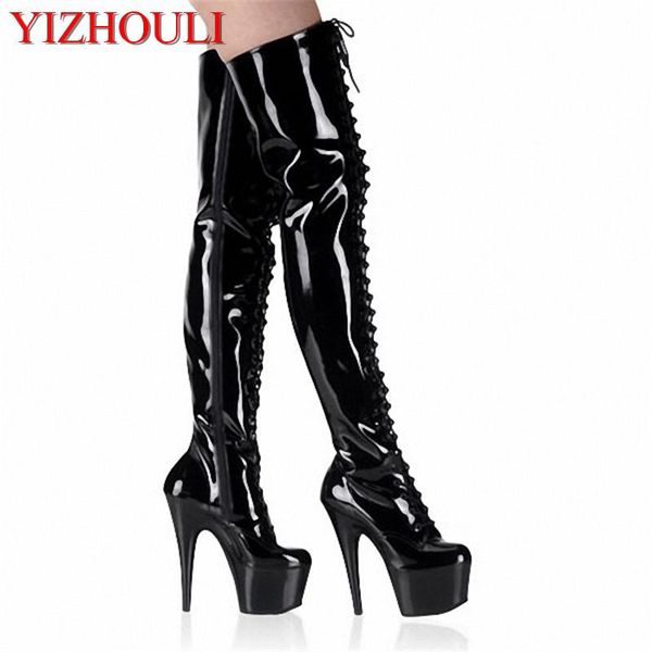 

olivia shoes 6 inch pointed stiletto high heels platforms thigh high boots 15cm front strap fashion boots dance shoes, Black
