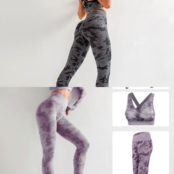 

women sport wear 2pcs camouflage seamless yoga set vest+leggings high waist comfortable shockproof tight fitness sport suit c0122, Black;white