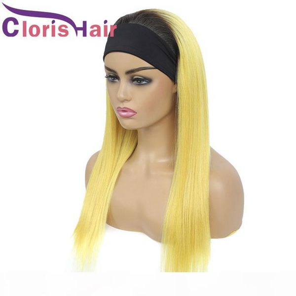 

headband human hair wigs colored 1b yellow straight brazilian remy glueless scarf wig for black women full yellow ombre wig with head band, Black;brown